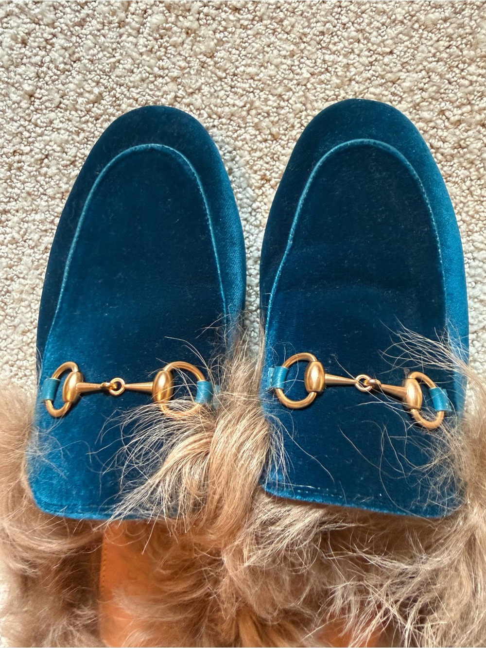 Gucci princetown blue velvet fur loafers mules shoe size 38 - Picture 2 of 4
